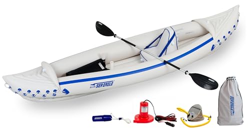 Sea Eagle SE370 Inflatable Sports Kayak -1-3 Person-Portable Stowable & Lightweight-with Seat(s), Paddle(s), Electric Pump and Bag (SE370 Sports Kayak Fishing Package)