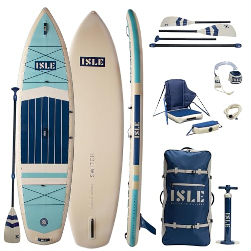 ISLE Switch Inflatable Hybrid Kayak-Stand Up Paddle Board | 2in1- Kayak & Paddle Board Bundle, Incl. Kayak Seat, Paddle, Hand Pump, Travel Bag, 11.6 x 35.5 x 6 in - max. 425 lbs - Aqua/Navy