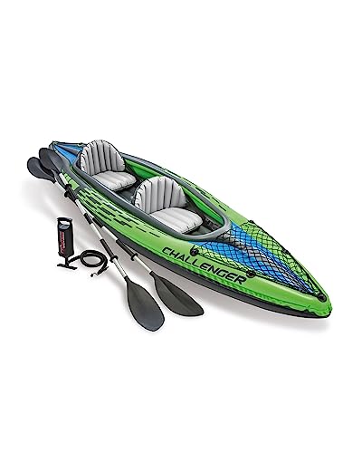 INTEX Challenger Inflatable Kayak Series: Includes Deluxe 86in Kayak Paddles and High-Output Pump – SuperStrong PVC – Adjustable Seat with Backrest – Removable Skeg – Cargo Storage Net