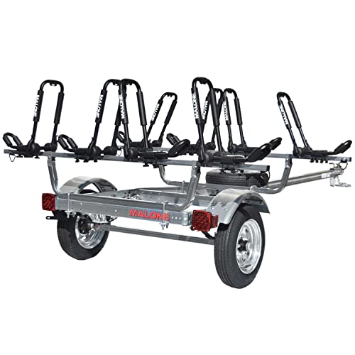 Malone MPG462G2 MicroSport 4 Kayak Trailer with 4 J-Rack Kayak Carriers & Spare Tire | 20' / 800 lbs Capacity | Fully Submersible | Marine Grade Galvanized Steel Construction