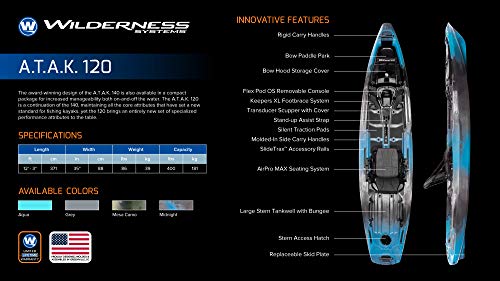 Wilderness Systems ATAK 120 - Sit on Top Fishing Kayak - Premium Angler Kayak - Adjustable and Designed Seat - 12 ft - Midnight