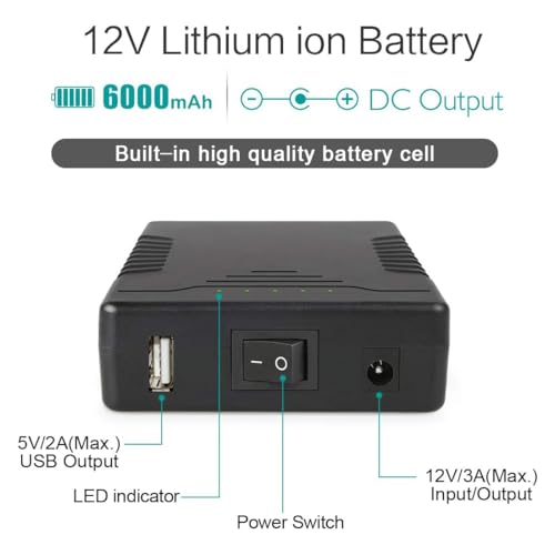 TalentCell Rechargeable 12V 6000mAh/5V 12000mAh DC Output Lithium ion Battery Pack for LED Strip/CCTV Camera/Telescope/Modem and More, Portable Li-ion Power Bank with 12.6V Charger, Black