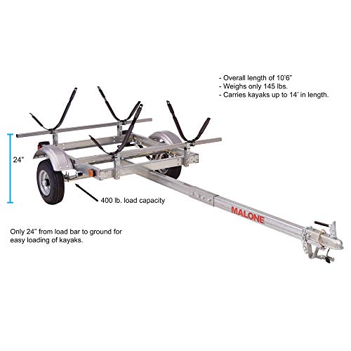 Malone MPG586XJ EcoLight 2 Kayak Trailer with 2 J-Rack Kayak Carriers | 14' / 400 lbs Capacity | Fully Submersible | Marine Grade Galvanized Steel Construction