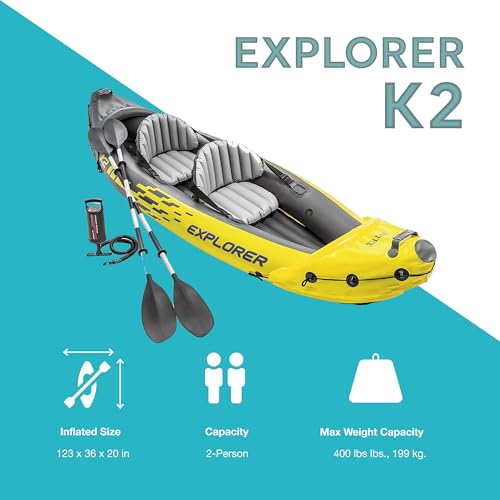 Intex 2-Person Inflatable Kayak Set w/ Pump, Aluminum Oars, Adjustable Seats, Explorer K2 - Tandem Blow-up Raft for Adults, Great for Lakes or Rivers