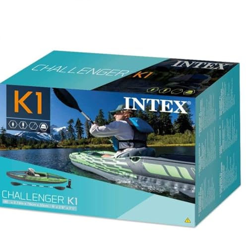 Intex Challenger K1 Kayak 1 Man Inflatable Canoe with Aluminum Oars and Hand Pump, Green/Blue
