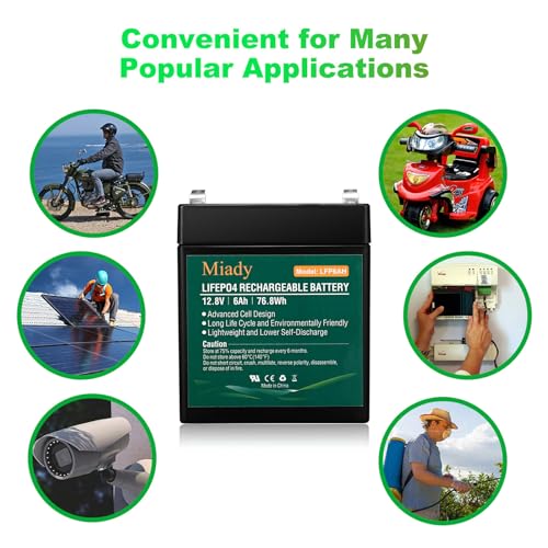 2000 Cycles 12V 6Ah Miady Lithium Iron Phosphate Battery, Rechargeable LiFePo4 Battery, Low Self-Discharge and Light Weight, for Kid Scooters, Fios Replacement Battery