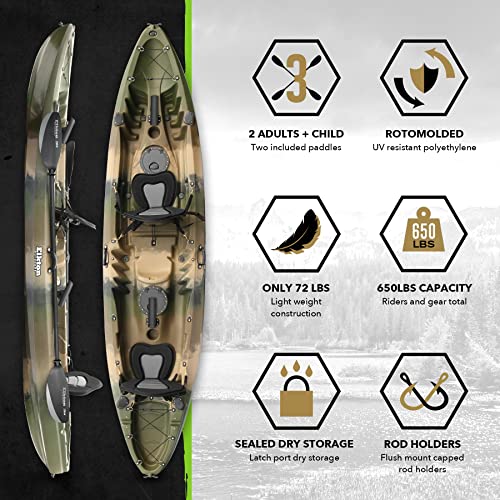 Elkton Outdoors Hard Shell Recreational Tandem Kayak, 2 or 3 Person Sit On Top Fishing Kayak Package with 2 EVA Padded Seats, Includes 2 Aluminum Paddles and Fishing Kayak Rod Holders (Camo)