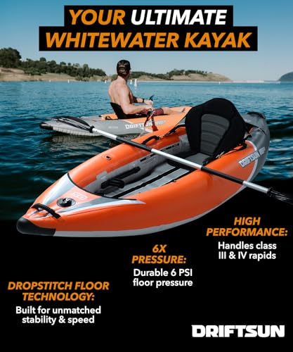 Driftsun Rover Inflatable Kayak - White Water Kayaks for 1 and 2 Person, High Pressure Dropstitch Floor Kayak for Adults with Padded Seats, Action Cam Mount, Aluminum Paddles and Quick Inflate Pump