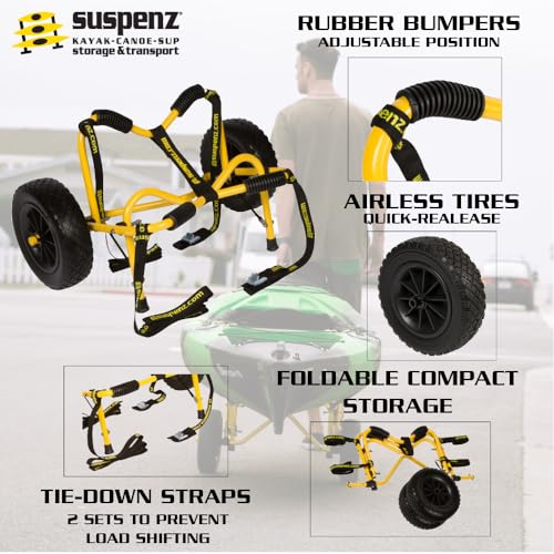 Suspenz Kayak Canoe Transport Trailer, DLX Kayak Cart, Trolley with Airless Wheels and Straps, Weight Capacity 150 lbs, Yellow (22-0044)