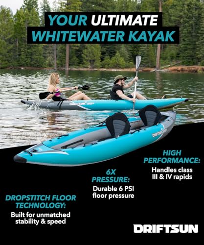 Driftsun Rover Inflatable Kayak - White Water Kayaks for 1 and 2 Person, High Pressure Dropstitch Floor Kayak for Adults with Padded Seats, Action Cam Mount, Aluminum Paddles and Quick Inflate Pump