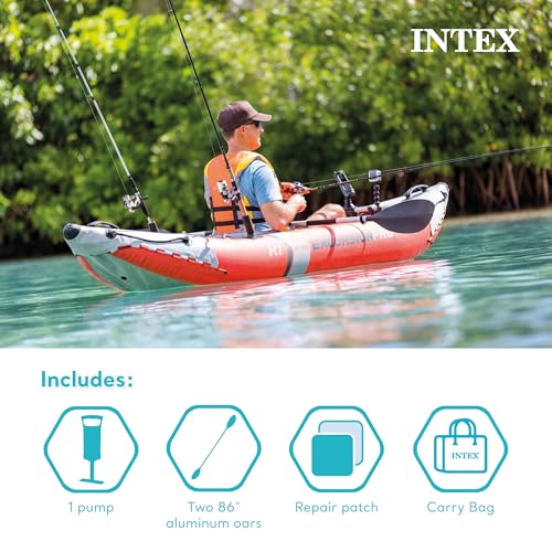 INTEX 68303EP Excursion Pro K1 Inflatable Kayak Set: Includes Deluxe 86in Kayak Paddles and High-Output Pump – SuperTough PVC – Adjustable Bucket Seat – 1-Person – 220lb Weight Capacity