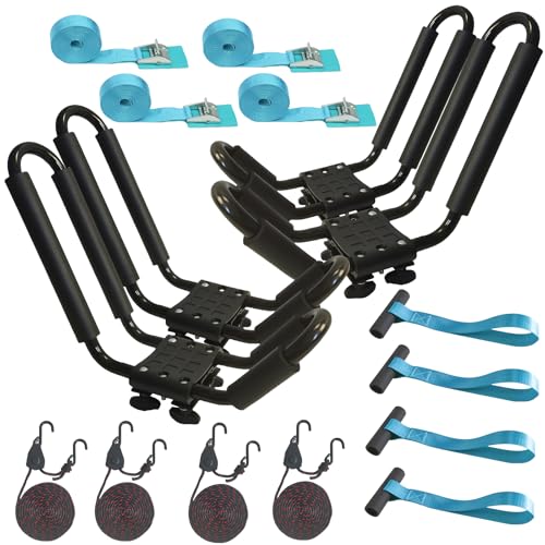 2 Pairs Heavy Duty Kayak Rack-Includes 4 Pcs Ratchet Tie-Mount on Car Roof Top Crossbar-Easy to Carry Kayak Canoe Boat Surf Ski (J-Bar Rack)